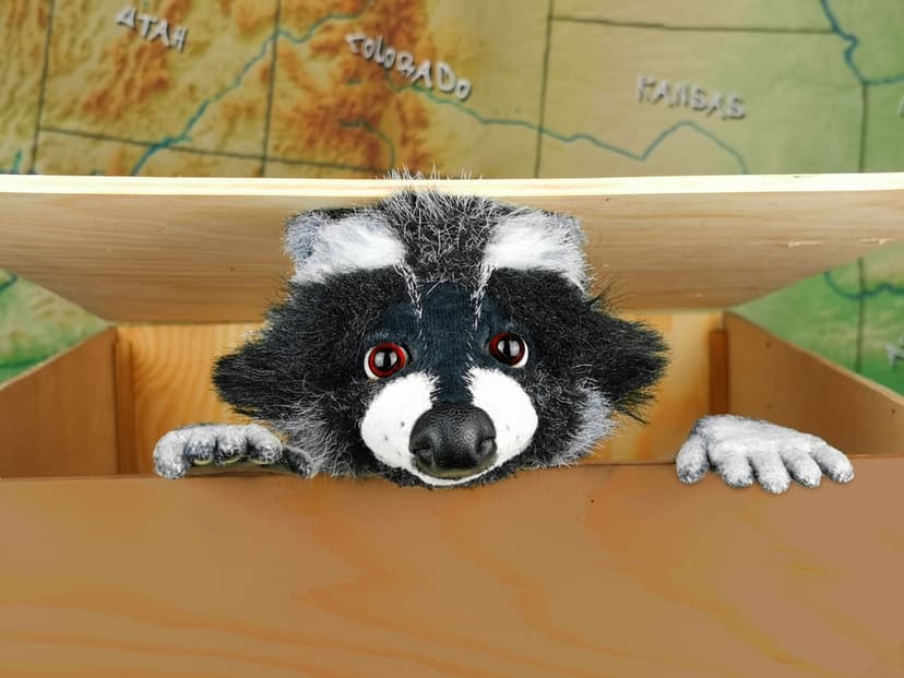 Ein Spielzeug-Waschbär schaut mit Kopf und Pfoten aus einer Holzkiste heraus.